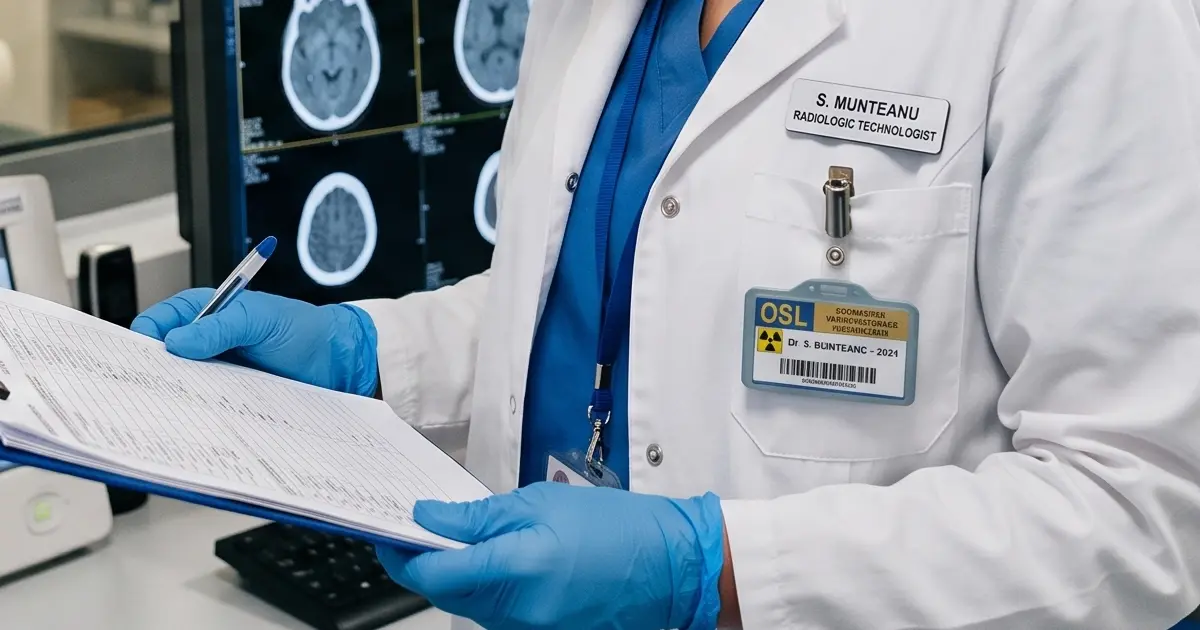 Dozimetru personal purtat corect pe halat într-un mediu radiologic