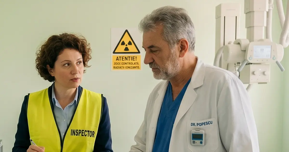Inspector verificând documentația și măsurile de radioprotecție într-o unitate medicală